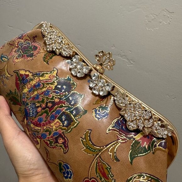 Genuine Leather Retro Floral Print Handmade Push Lock Clutch Bag/Evening Bag - Picture 9 of 15